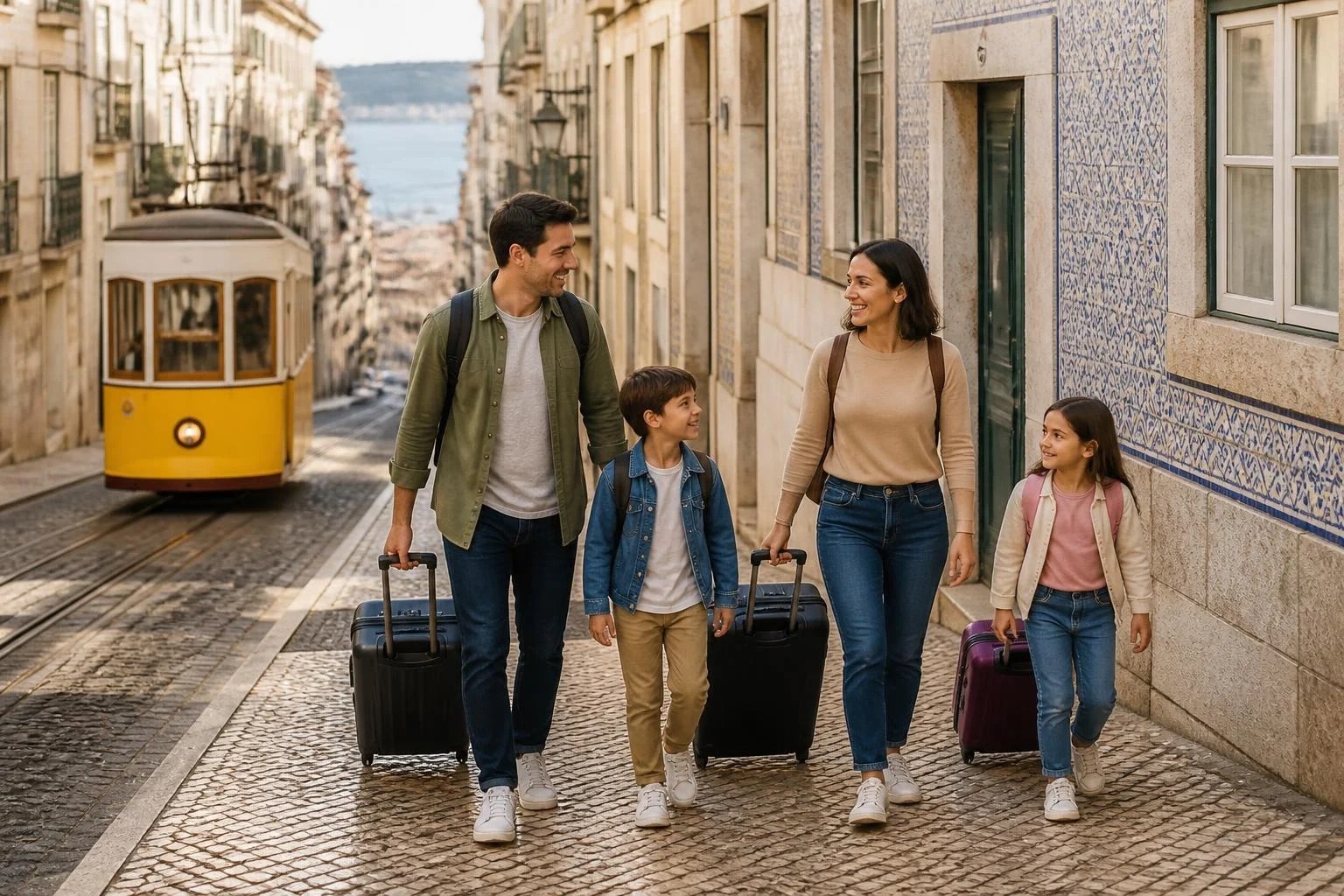 Família chegando para morar em Lisboa
