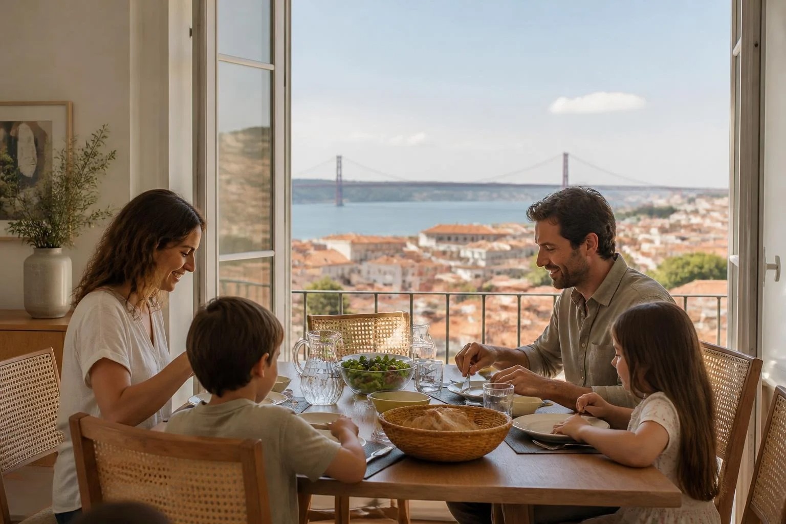 Família almoçando em casa, com Lisboa e a Ponte 25 de Abril ao fundo